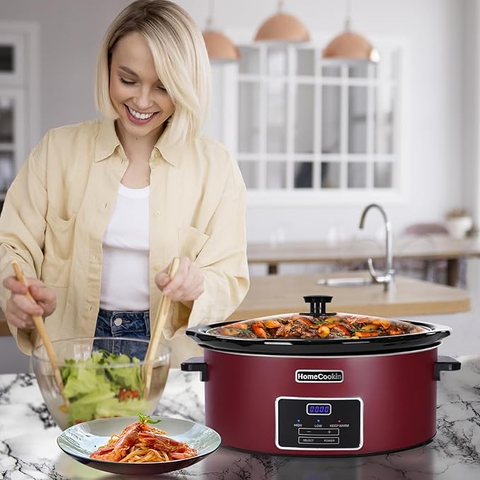 HOMECOOKIN 7 Quart Programmable Slow Cooker, Kitchen Appliances, Perfect Kitchen Small Appliance for Family Dinners, Red Stainless Steel