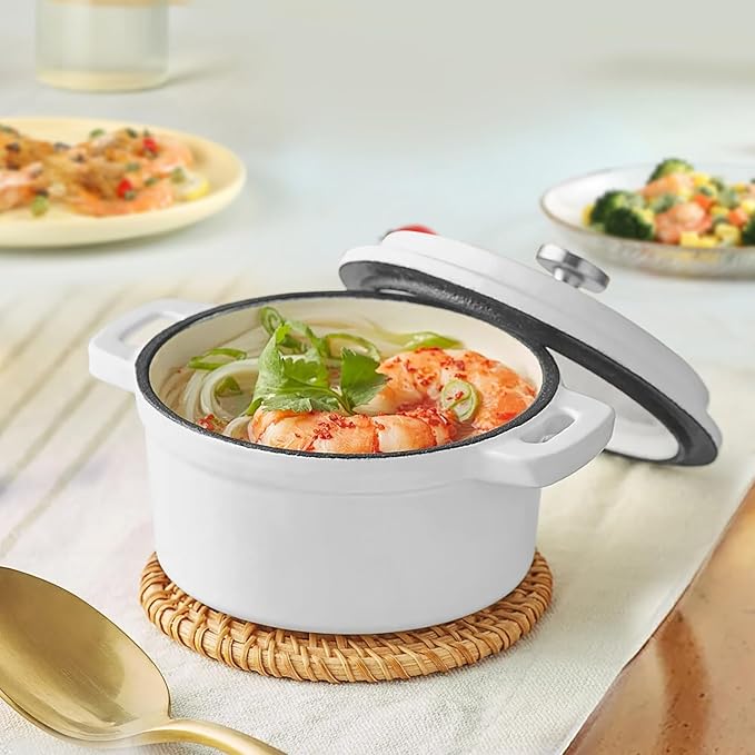 Mini Cocotte 16 oz Mini Dutch Oven 0.5 qt. Cast Iron Garlic Roaster for Oven Garlic Confit Pot Ramekins with Lids Oven Safe Set of 2, White
