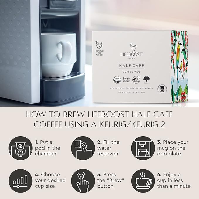 Lifeboost Half Caff Coffee K Cups - Low Acid Half Caff Coffee Pods - Single Origin Non-GMO Mold Free Pods Compatible with Keurig & Keurig 2 - No Mycotoxins or Pesticides - 10 Count