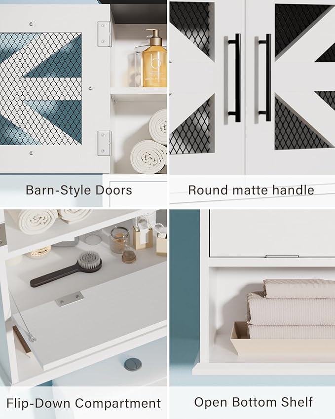 Wall Mounted Bathroom Cabinet with Double Doors, Flip-Down Storage and Open Shelf, Modern White Finish, Over-The-Toilet Space Saver Cabinet