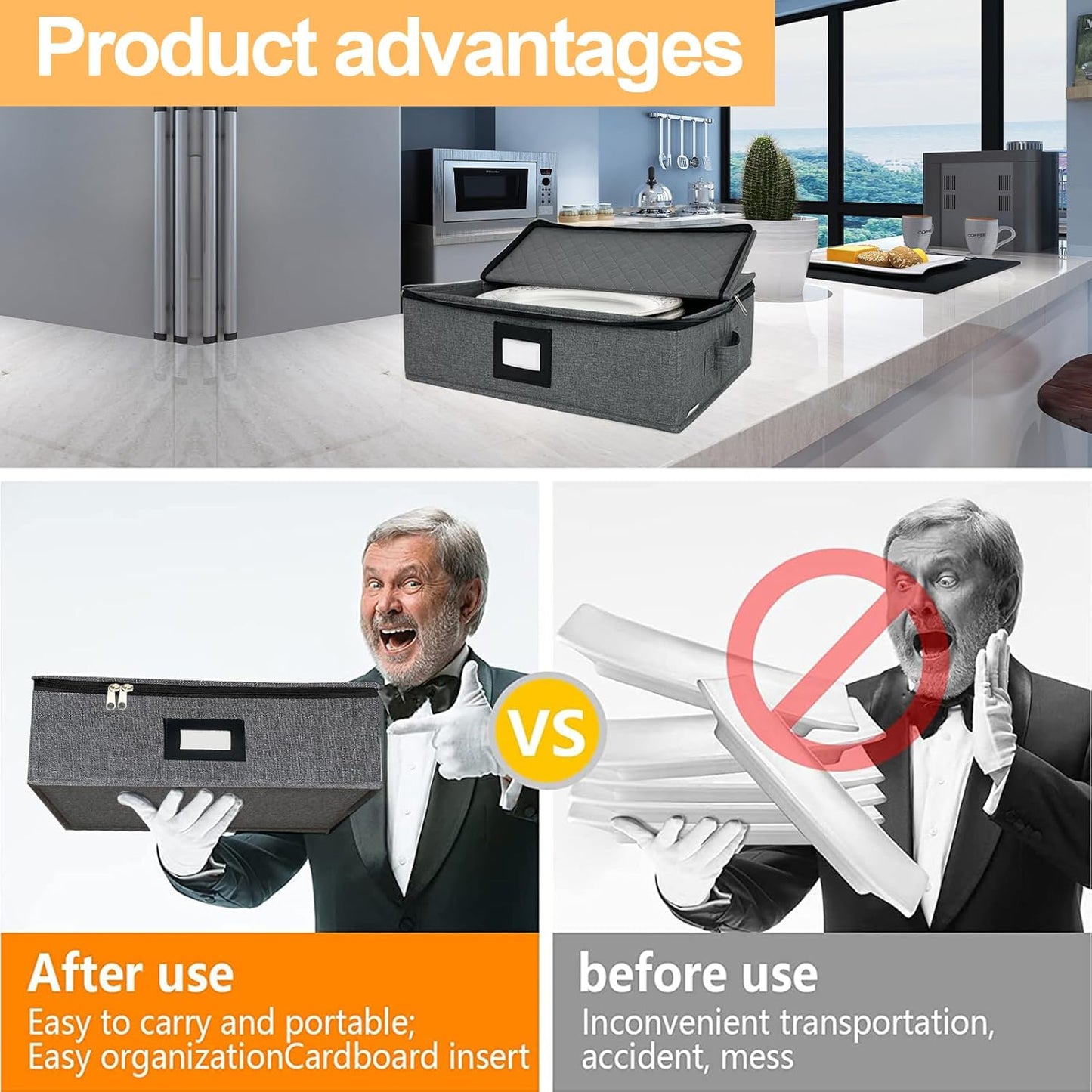 Platter Storage Case - Stackable China Storage Containers Hard Shell with Durable Zipper & Label & Sturdy Handles, 5.3” Height, Structured Top, 4 Felt Dividers Included (Dark Gray)