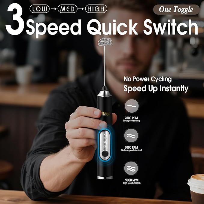 DSP Handheld Milk Frother Rechargeable, Electric Whisk for Coffee, 2 Stirring Rods 3 Speed Adjustable, Low Noise Drink Whisk for Lattes, Matcha, Hot Chocolate, Egg (Midnight Black)