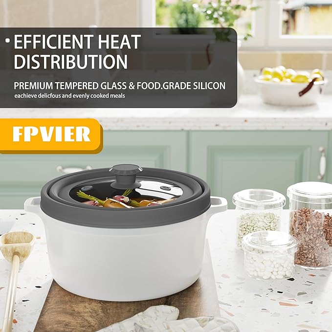 Collapsible Microwave Splatter Cover - Vented Silicone & Glass Lid with Easy-Grip Handle, Fits 6 to 10 Inch Plates & Bowls, 10.8 Inch Diameter, Prevents Splatters & Ensures Even Heating