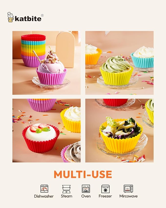 Katbite Silicone Cupcake Liners 24 Pack - Non-stick Silicone Muffin Liners Set, Thick & Heavy Duty Cupcake Molds - Perfect for Party Halloween Christmas Bakery Supplies, Multicolor