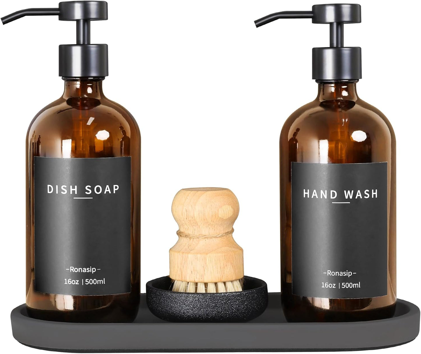 Set of 5 Kitchen Soap Dispenser Set 16 Oz Glass Hand Dish Soap Dispenser with Stainless Steel Pump, Cement Tray, Dish Scrub Brush for Farmhouse Rustic Home Bathroom Decor (Brown)