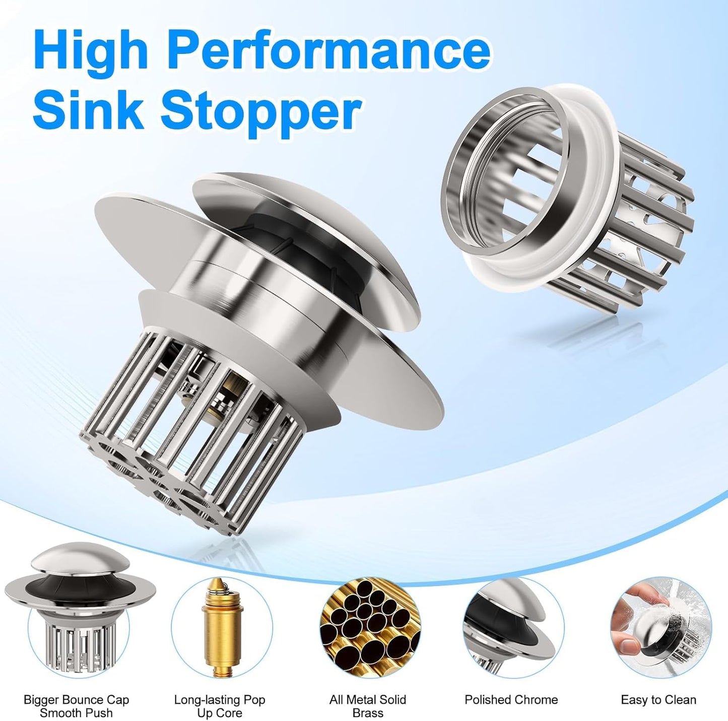 Universal 4 in 1 Bathroom Sink Drain Strainer with Removable Filter Basket, Pop Up Pure Copper Bathroom Sink Stopper, Anti-Clogging Bathroom Drain Stopper Sink Plug (Brushed Nickel)