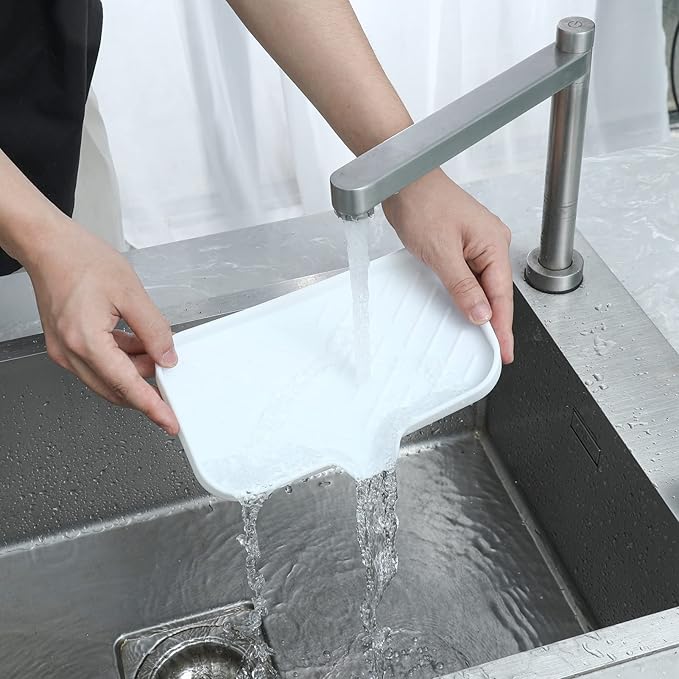 Silicone Bathroom Soap Dishes with Drain Spout-Bathroom and Kitchen Sink Organizer,Sponge Holder,Dish Soap Tray,Perfect for Dispenser,Scrubber,Bottle,Cup on Sink or Counter-White 9.6"×5.3"