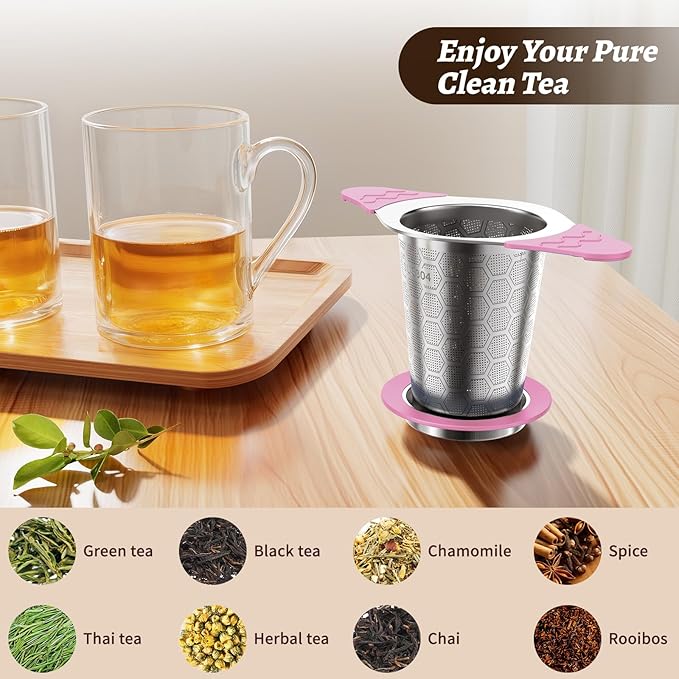 Tea Infuser for Loose Leaf Tea,18/8 Stainless Steel Tea Infuser with Heat Proof Silicone Handles,Extra Fine Mesh Tea Strainers Filter Fine Tea Leaves Effectively,Fits TeaPots/Mugs-Pink