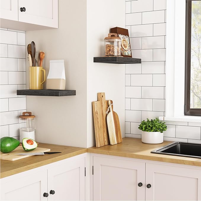 HOOBRO Floating Shelves for Wall, Wall Mounted Shelf Set of 2, 15.7" Hanging Shelf with Invisible Brackets, for Wall in Bathroom, Bedroom, Toilet, Kitchen, Living Room, Office, Charcoal Gray BC40BJ01