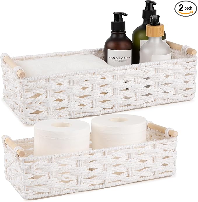 OIAHOMY Toilet Paper Baskets Handmade Paper Rope Decorative Wicker Storage Tank Shelf Cabinet Organizer for Bathroom Home, Set of 2, White