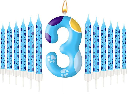 13PCS Blue Dog Paw Birthday Candles Set Cake Topper Numeral Birthday Candles for Boy Girl Dog Paw Decoration(Number 3)