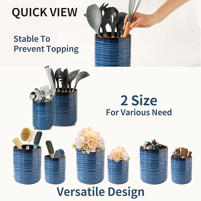 Hasense Utensil Holder, 7.4” + 5.4” Ceramic Cooking Utensil Crock for Kitchen Counter, 2 Pack Utensil Caddy Utensil Organizer for Spatula and Spoon Kitchen Decor, Navy Blue