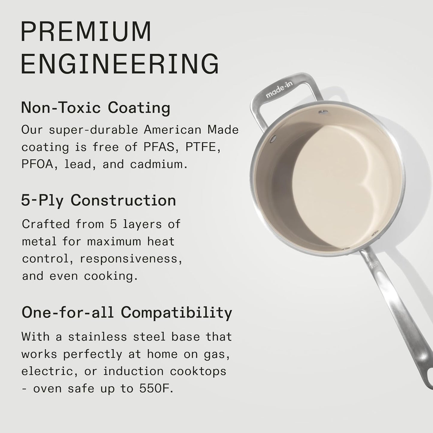 Made In Cookware - 4 QT Ceramic Non Stick Saucepan with Lid - 5-Ply Stainless Clad with Stay-Cool Handle - Professional Cookware - Crafted in Italy - Induction Compatible