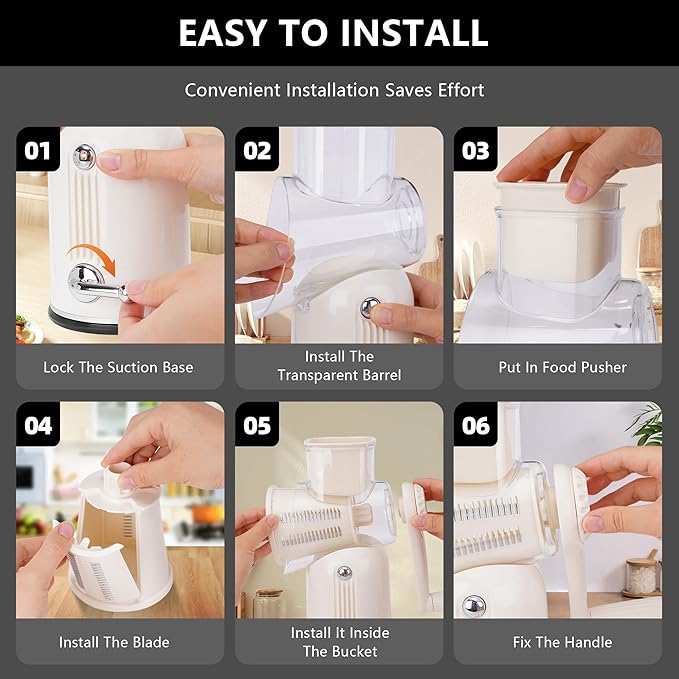 5 in 1 Rotary Cheese Grater Vegetable Slicer with Handle - Upgraded Hand Crank Cheese Grater with Handle and Strong Suction Base, Multi-Purpose Vegetable Slicer with 5 Well-Designed Blades