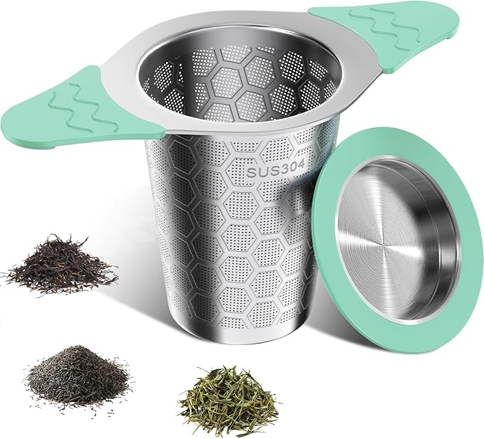 Tea Infuser for Loose Leaf Tea,18/8 Stainless Steel Tea Infuser with Heat Proof Silicone Handles,Extra Fine Mesh Tea Strainers Filter Fine Tea Leaves Effectively,Fits TeaPots/Mugs-Green