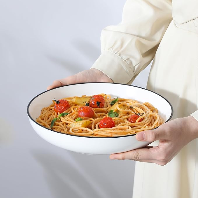 MALACASA 10" Large Pasta Bowls, 56 OZ White Salad Bowls Soup Bowls, Porcelain Serving Bowls Set of 4, Ivory White & Black Rim, Microwave & Dishwasher Safe, Series REGULAR