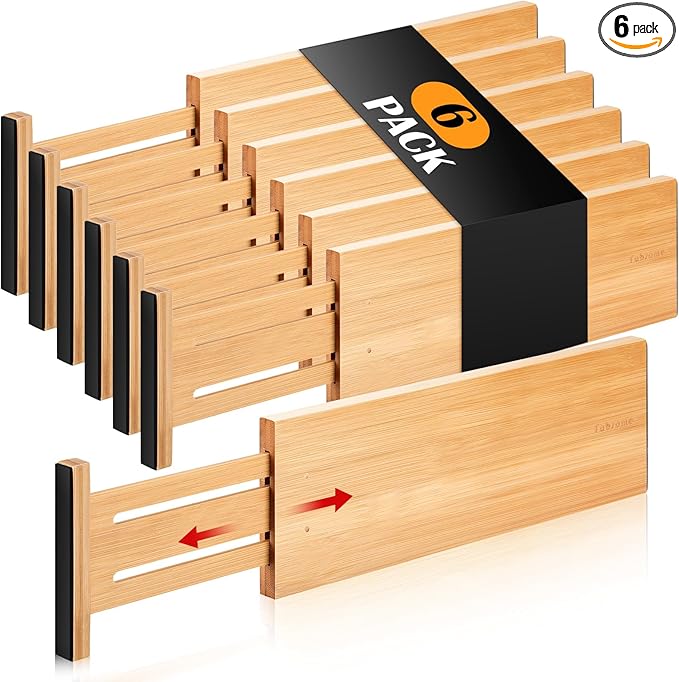 Fabsome Dresser Drawer Organizers 6 Pack, 4.65'' High Adjustable from 12.5-17‘’ Bamboo Drawer Dividers for Clothing Baby Clothes, Wooden Separators for Dresser Nursery Organization with Soft Foam Ends