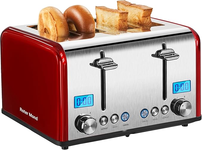 Countdown Stainless Steel 4 Slice Toaster with Bagel, Defrost, Cancel Function, Dual Toaster, Extra Wide Slots, 6 Shade Settings, Removable Crumb Trays, 1650W, Red