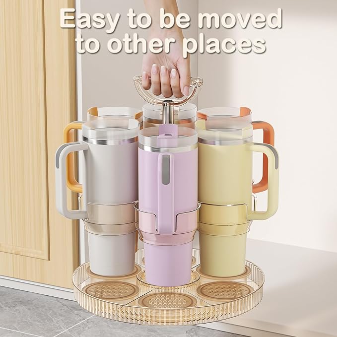 Rotating Stanley Cup Holder, Portable Water Bottle Organizer for 6 Stanley 40 oz & Mug, Adjustable Lazy Susan Organizer for Table Top Cabinet Home Countertop Pantry Shelf Tumbler Lid Organizer