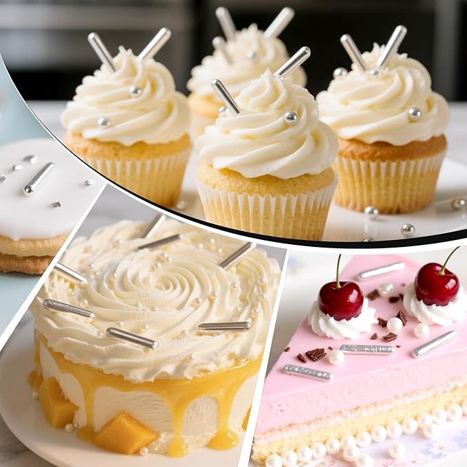 Silver Rods Sprinkles, Sugar Sprinkles For Cake Decorating, 150g/5.29oz, Food Grade, Ice Cream Decoration, Cupcake Toppers, Donuts, Cookies, Holiday, Birthday Party, Christmas Supplies