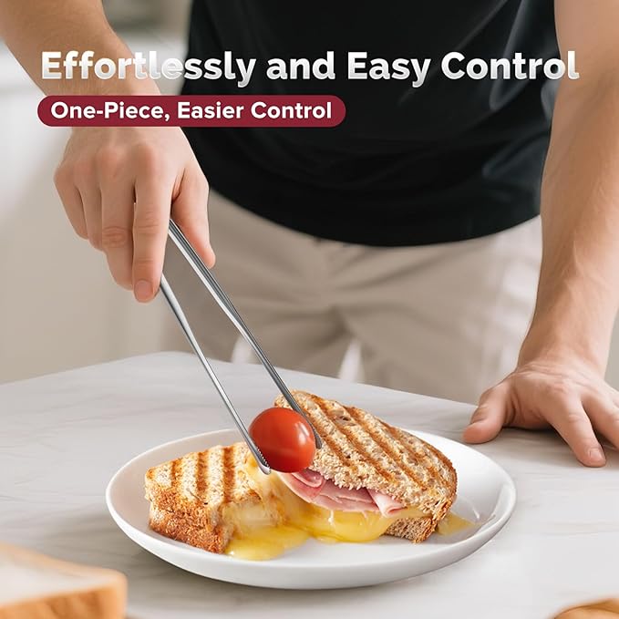 Precision Serrated Non-Slip Tips Cooking Tongs 2 Set (9" & 12"), One-Piece Easy to Control Stainless Steel Kitchen Tweezer Tongs, Multi-Purpose Food Tweezers for Baking, Food Plating, BBQ