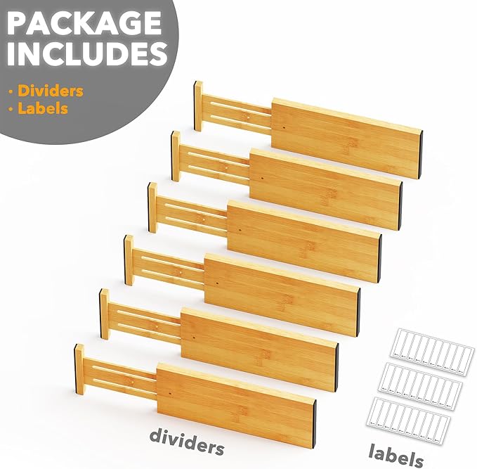 SpaceAid Bamboo Dresser Drawer Dividers 6 Pack, 4.65“ High Adjustable 12.5“-17” Drawer Organizers, Expandable Organization for Clothing, Clothes, Dressers, Natural