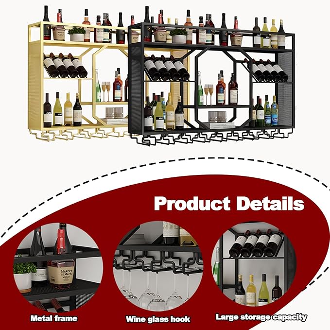 Wall Mounted Wine Rack, 3-Tiers Metal Bar Bottle Holder, Modern Wine Glass Storage Display Shelves, Wall Wine Rack for Kitchen Bar Dining Rooms Decoration ﻿ (Black, 55.11in/140cm)