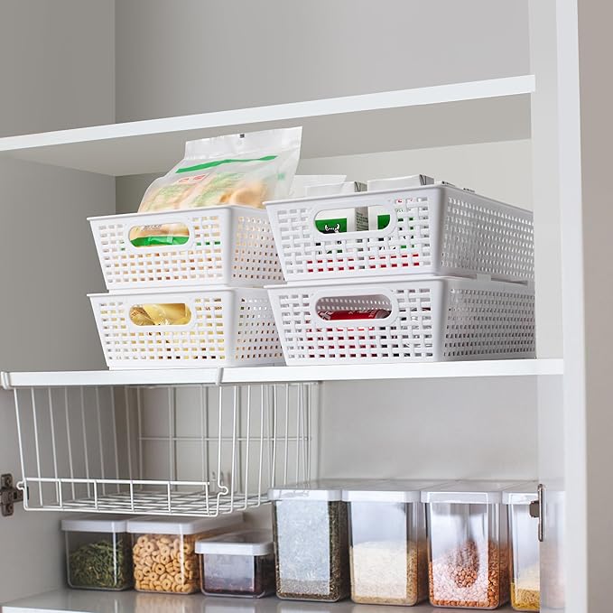 Stackable Woven Plastic Basket, Storage Bins for Cabinet, Closet, Shelf, Under Sink and Countertop, Pantry Organizer Bins, 6 Pack
