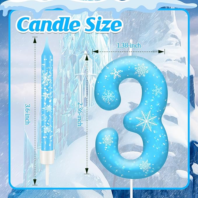 13PCS White and Blue Frozen Themed Party Birthday Candles Set - Blue Number Candles Snowflake Themed Decorations, Girls Party Supplies(Number 3)