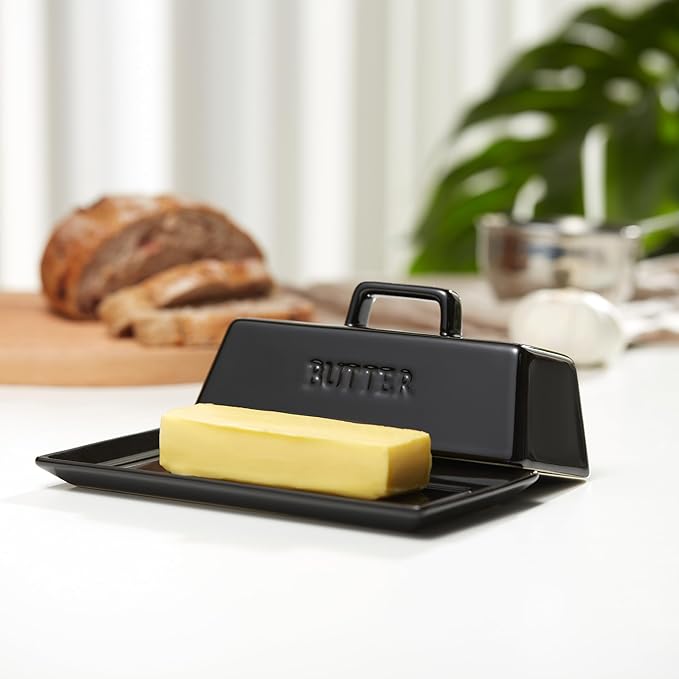 Butter Dish with Lid for Countertop, by Kook, Ceramic Dish Tray with Cover, Kitchen Keeper, Container, Holder, Holds 1 Stick, Microwave and Dishwasher Safe, Black
