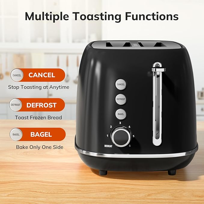 Retro Stainless Steel 2 Slice Toaster - Bagel, Cancel, Defrost Functions, 6 Shade Settings, Extra Wide Slot, Removable Crumb Tray (Black)