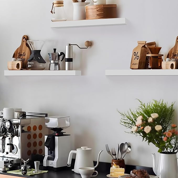 Colima Floating Shelves for Wall White Wood Wall Shelf for Bedroom, 24 Inch Wall Mounted Floating Shelves for Bathroom Living Room Kitchen Office, 1.3" Thick Floating Book Shelves for Wall, Set of 3