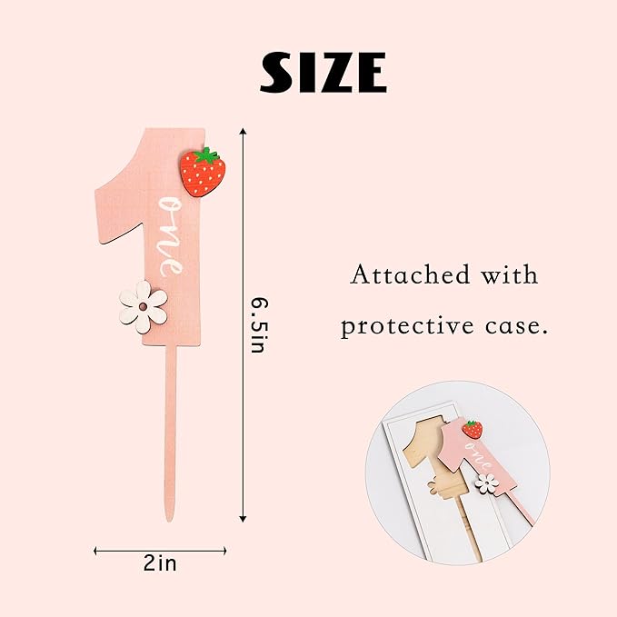 Strawberry One Cake Topper - Flower Wooden Cake Topper, Berry First Birthday Cake Decoration for Baby Shower, Birthday Party, Anniversary, Baby Photo Booth Props, Cake Smash...