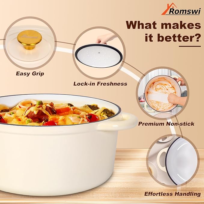 Romswi Enameled Cast Iron Dutch Oven Set - 3qt & 5.5qt Dual Combo - 7-Layer Professional Grade Dutch oven pot with lid - Oven Safe for Braising, Stews, Roasting, Bread Baking - White Bread Dutch Oven