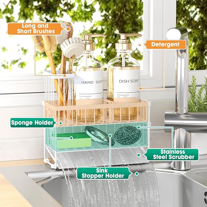 Sponge Holder for Kitchen Sink, 2 Tier Sink Caddy Organizer with High Brush Holder, Self-Draining Sponge Holder for Sinks, Soap Dispenser Organizer, Rustproof 304 Stainless Steel, White