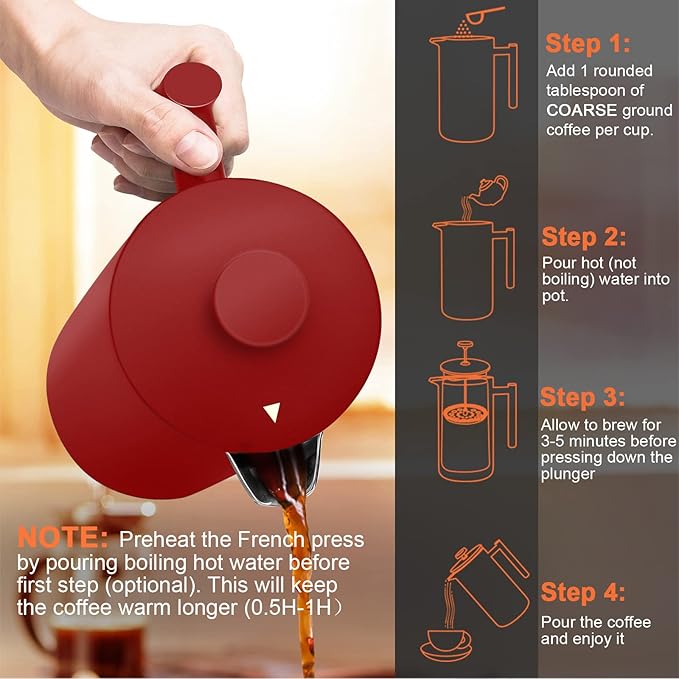 Secura French Press Coffee Maker, Double-Wall 304 Grade Stainless Steel Coffee Press with 2 Extra Screens, 34oz (1L), Red