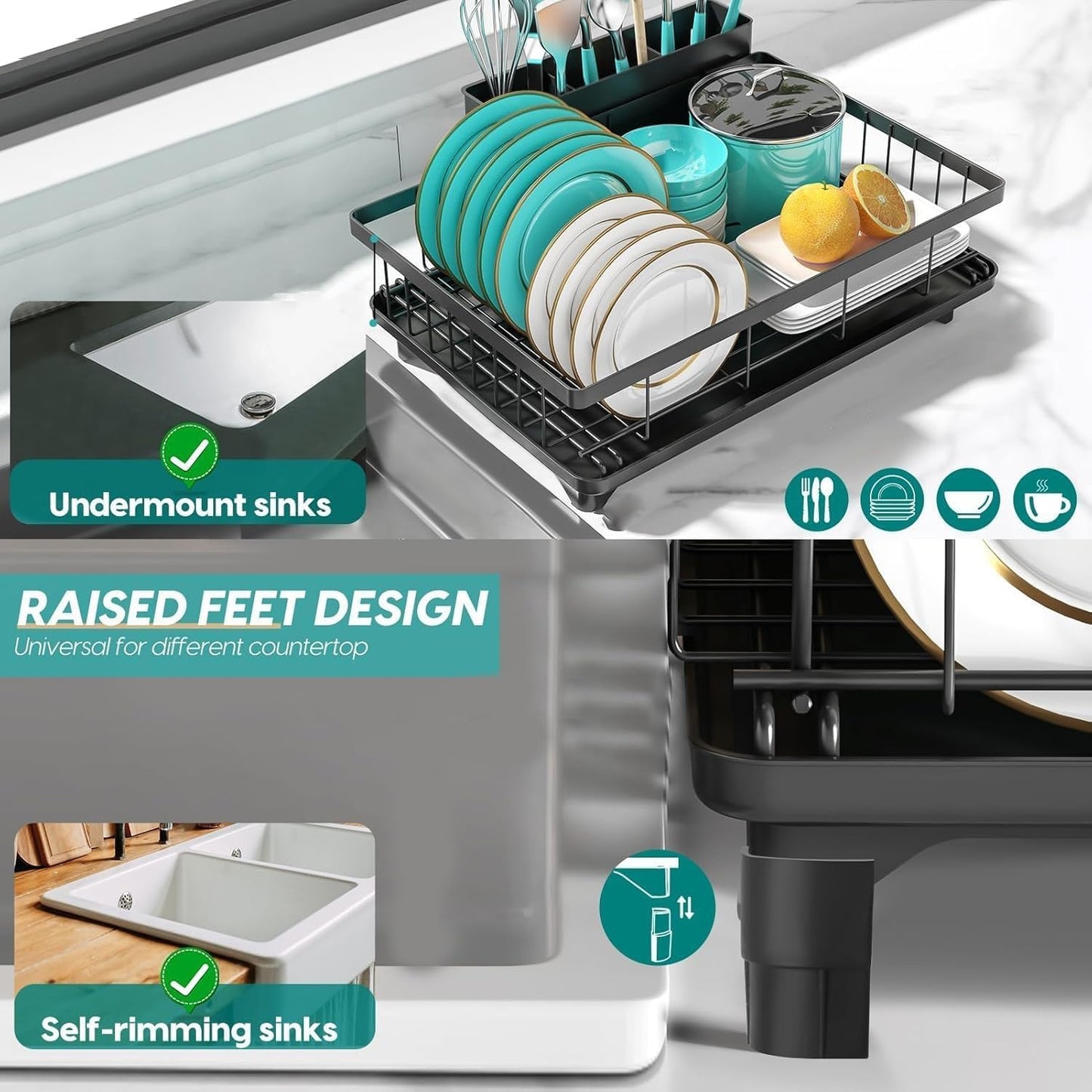 MERRYBOX Dish Drying Rack Large Capacity 2 Tier Dish Drying Rack Multifunctional Rustproof Dish Racks for Kitchen Counter with Large Utensil Holder, Cup Holder, Black