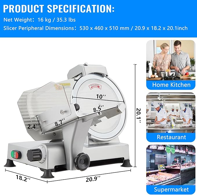 Meat Slicer Machine for Home and Commercial, 10 inch Chromium-Plated Steel Blade Deli Slicer, 240W Semi-Auto Electric Meat Slicer Cut Food Bread Cheese and Frozen Meat