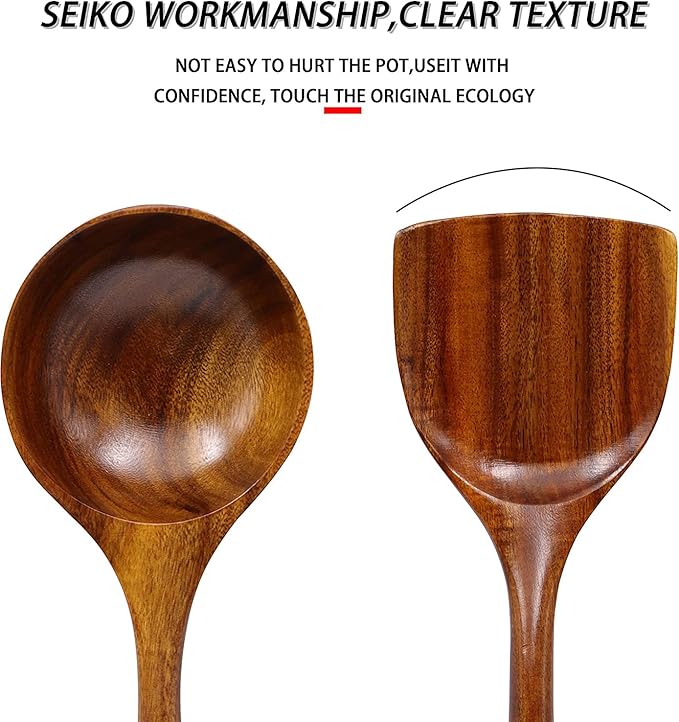 FJNATINH Wooden Wok Spatula Ladle Tool Set, 14-inch Long Handle Teak Wok Spatula