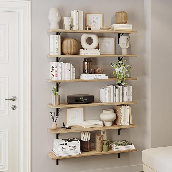 Wallniture Forme 48 inch Long x 10 in Deep Rustic Floating Shelves for Wall Storage, Wall Bookshelf for Living Room Decor, Kitchen, Office Floating Shelf, Set of 3, Burnt, Wood