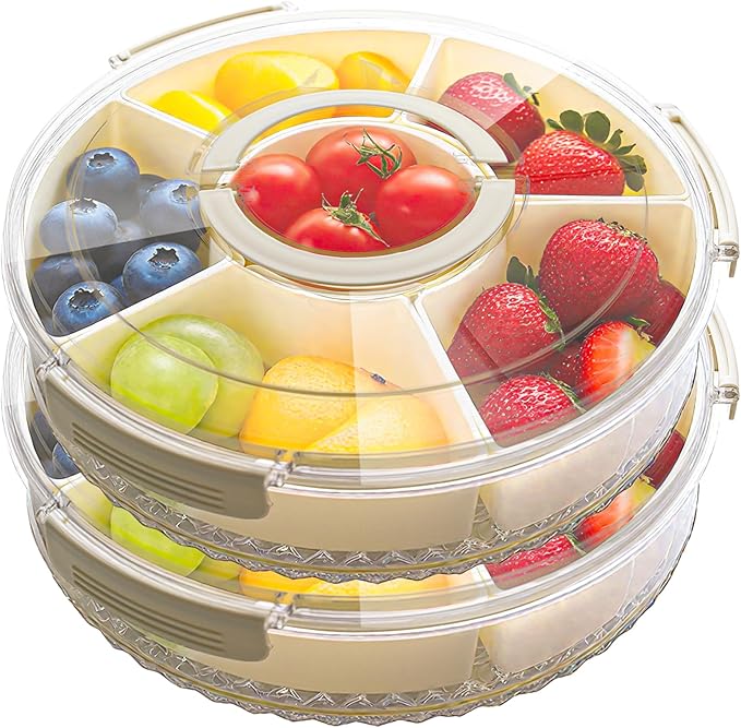 Divided Serving Tray with Lid Rotating Veggie Tray Charcuterie Tray for dinner party, Portable Snack Spinner for Picnic, Travel, Leakproof Serving Platter