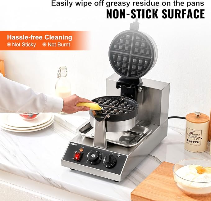 VEVOR Commercial Waffle Maker, 1300W Round Waffle Iron, Non-Stick Rotatable Waffle Baker Machine With 122-572℉ Temp Range and Time Control, Teflon-Coated Baking Pan Stainless Steel Body 120V