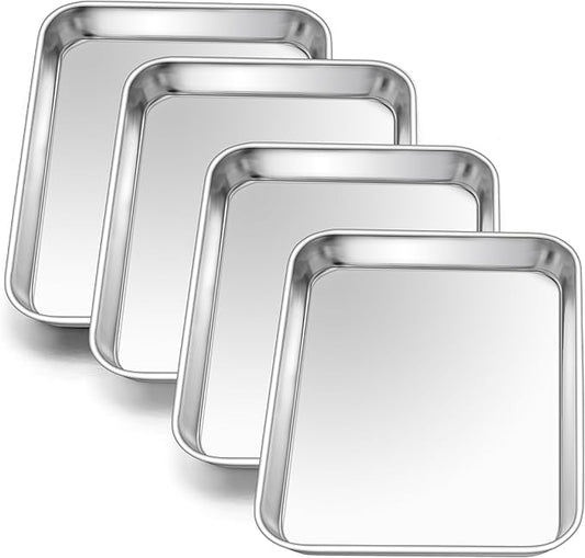 E-far 4 Pack Toaster Oven Trays, 9.4”x7.3” Stainless Steel Small Baking Cookie Sheets, Mini Non-toxic Metal Baking Pans for Cake, Healthy & Rust Free, Mirror Finish & Dishwasher Safe