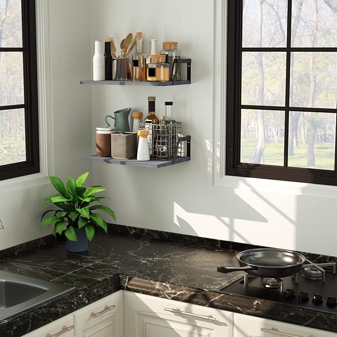 SRIWATANA Floating Shelves Wall Mounted Set of 2 Rustic Wood Shelves with Large Capacity(Weathered Gray)