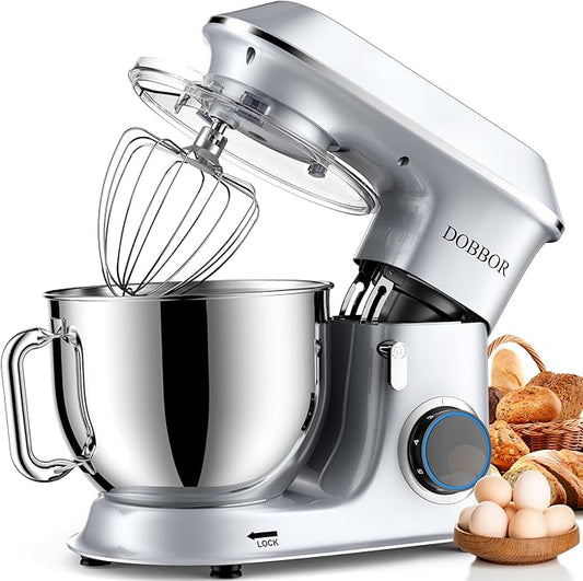 DOBBOR Electric Stand mixer, 9.5QT 660W 6 Speeds Tilt-Head Dough Mixers, Bread Mixer with Dough Hook, Whisk, Beater, Splash Guard for Baking Bread, Cake, Cookie, Pizza, Muffin, Salad and More - Sliver