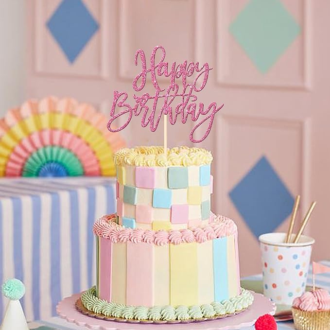 ZHUOWEISM 1 PCS Happy Birthday Cake Topper Glitter Happy Birthday Cake Pick for Celebrating Happy Birthday Anniversary Theme Party Cake Decorations Supplies Pink