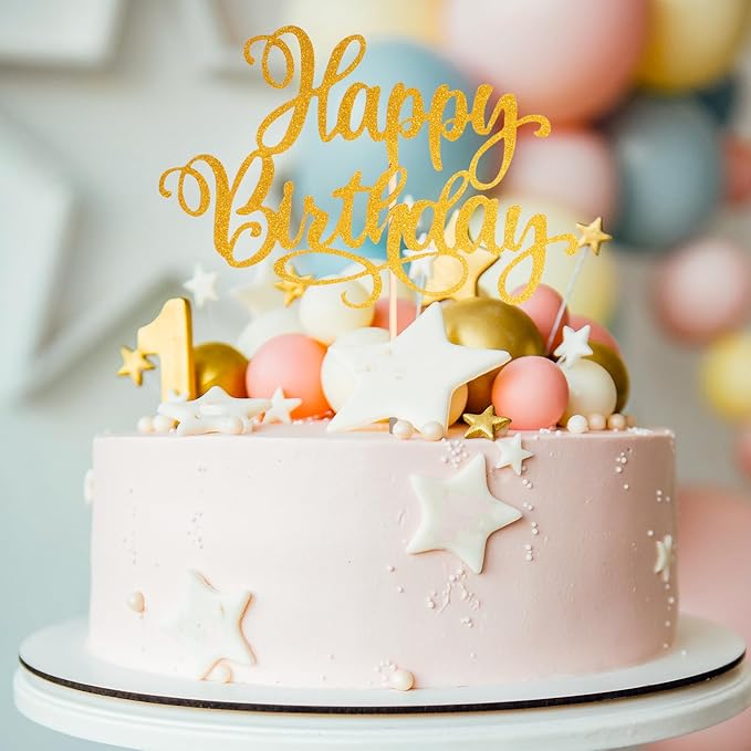 Happy Birthday Cake Toppers 9 Inch Glitter Happy Birthday Cake Pick for Birthday Anniversary Theme Party Cake Decorations Supplies - Gold