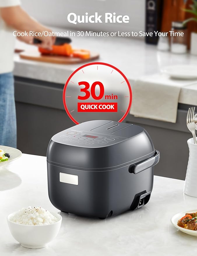 TOSHIBA Rice Cooker Small 3-Cup Uncooked– LCD Display with 8 Cooking Functions: Rice, Oatmeal, Mixed Grains and More, NonStick Inner Pot, Grey