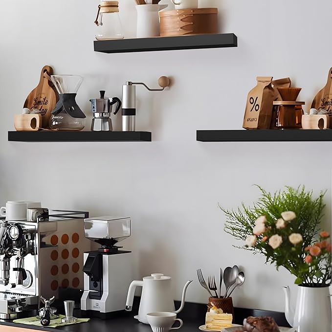 Colima Floating Shelves for Wall Black Wood Wall Shelf for Bedroom, 24 Inch Wall Mounted Floating Shelves for Bathroom Living Room Kitchen Office, 1.3" Thick Floating Book Shelves for Wall, Set of 3