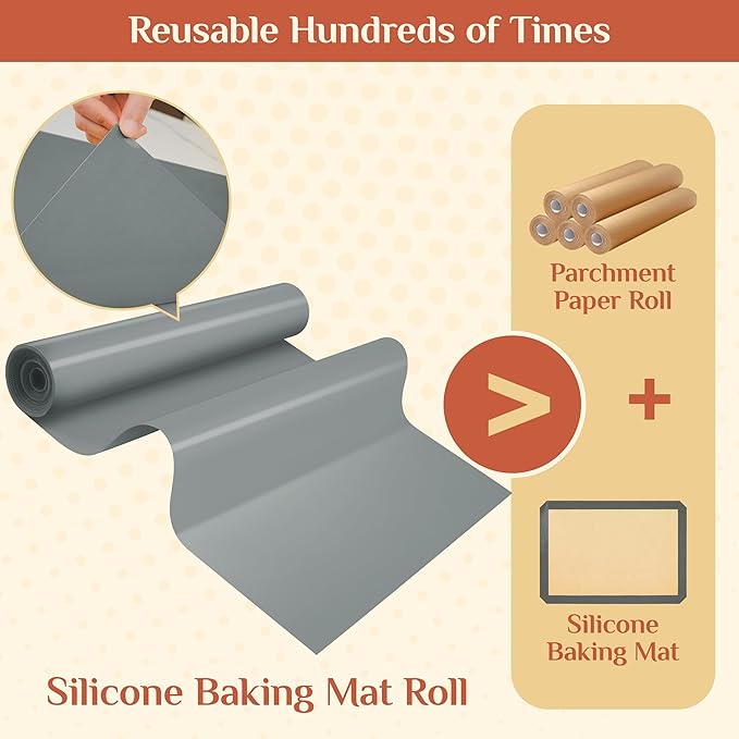Silicone Baking Mat, 12 IN x 10 FT Free Cutting Baking Sheet, Non-Stick Reusable Dough & Pastry Mat, Non-Slip Silicone Mat Roll for Air Fryer Liner, Freeze Dryer, Oven Baking Pan, Kitchen Counter